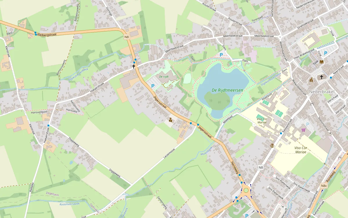Kaart van de omgeving: de praktijk ligt aan de Jagersstraat, tussen park De Rijdtmeersen en het centrum van Nederbrakel.